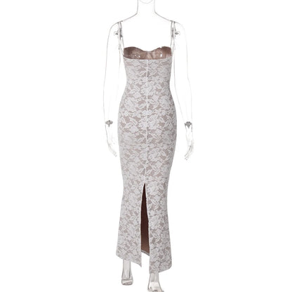 Women's Sexy Lace Splicing Strap Backless Dress Fashionable Slim Suspender Hip Covering Long Slit Female Nightclub Dresses 2026