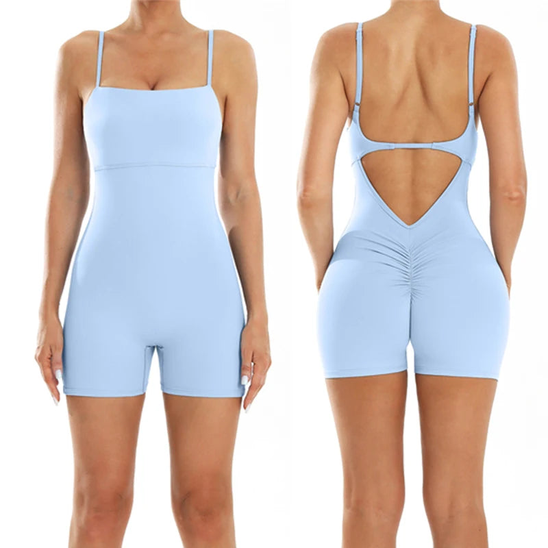 One-Pieces Fitness Overalls Women's Gym Jumpsuits with Shorts Scrunch Butt Sports Rompers High Elastic Backless Workout Clothes