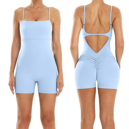 One-Pieces Fitness Overalls Women's Gym Jumpsuits with Shorts Scrunch Butt Sports Rompers High Elastic Backless Workout Clothes