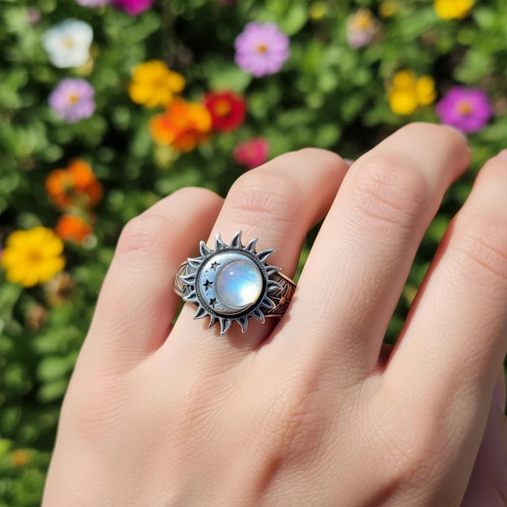 925 Sterling Silver Natural Moonstone Ring 8MM Bohemian Star Sun Moon Shape Ring Gothic Punk Style Party Gift for Women Men