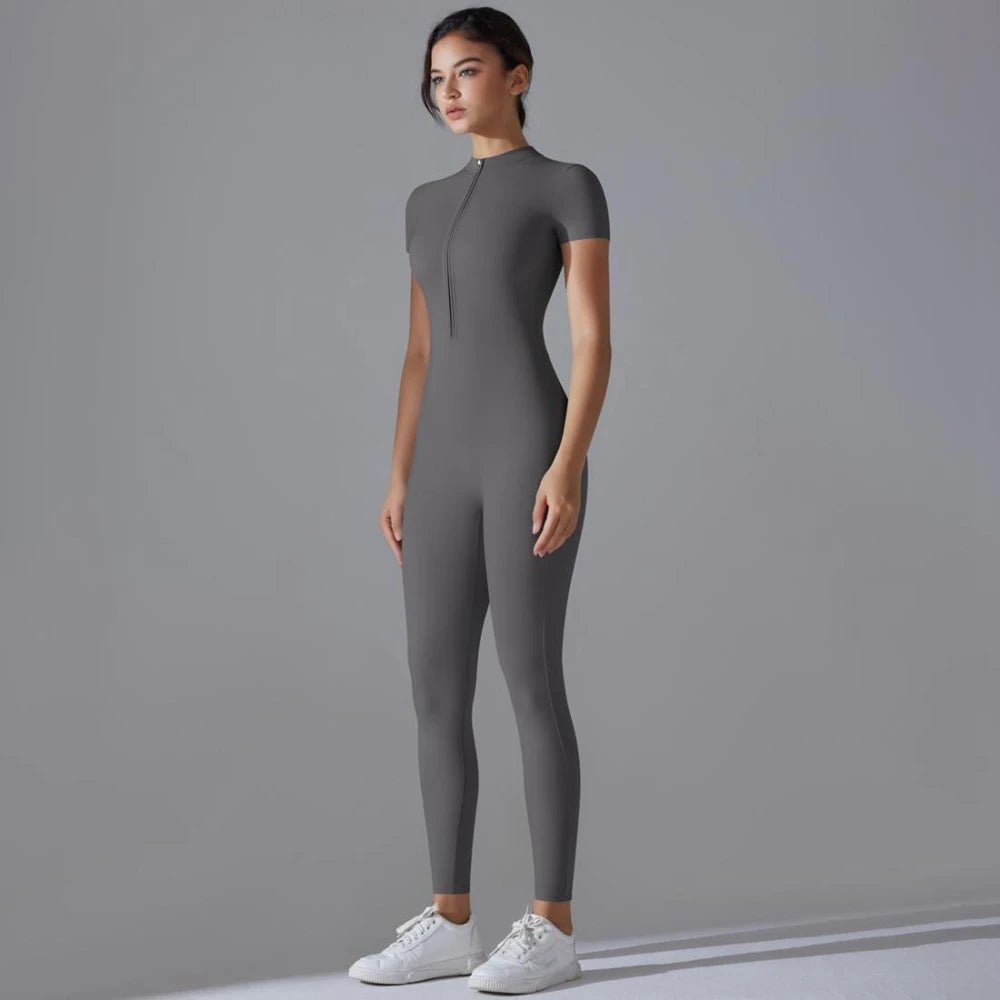 Womens Jumpsuits Short Sleeve Yoga Slim Fit Stretch One Piece Romper Sexy Fitness Female Basic Sportwears Black Zipper Ladies