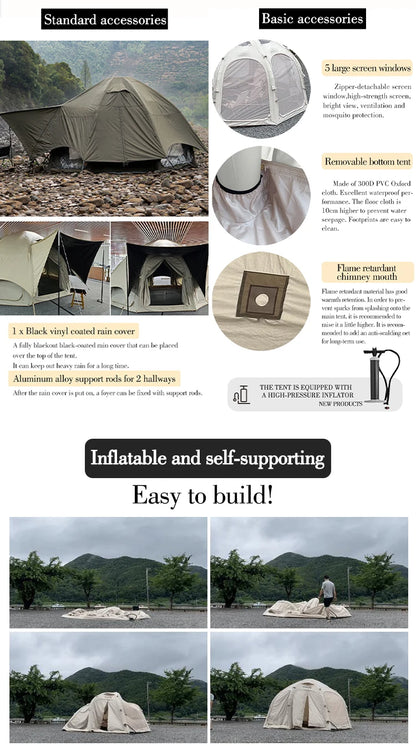 Gray Coody Dome Inflatable Tent, Classic Cotton Geodesic Tent All Weather Large Family Outdoor Glamping Shelter