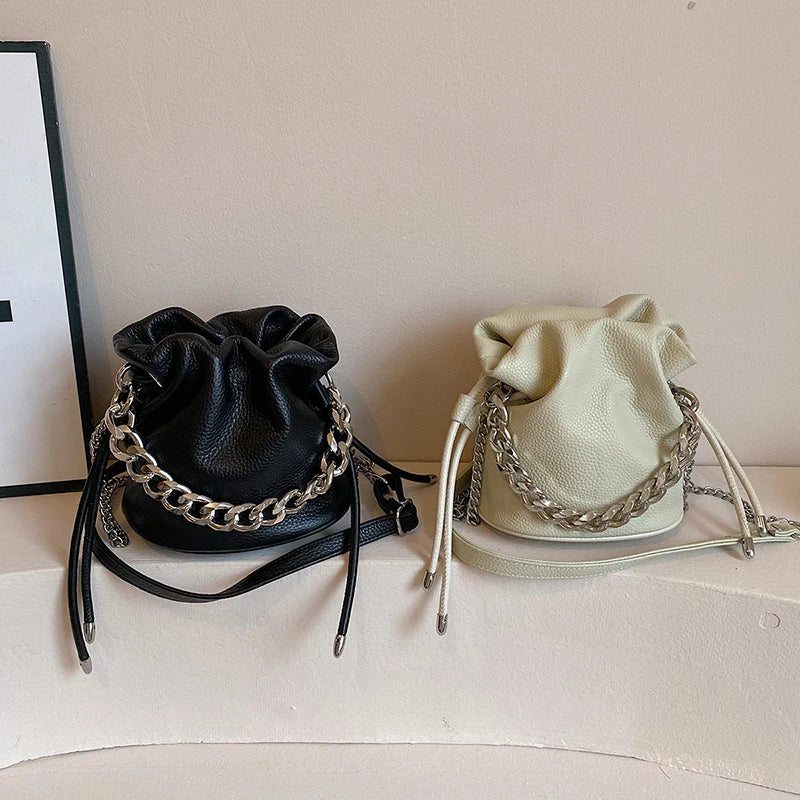 100% Genuine Leather Women Shoulder Crossbody Bags High Quality Solid Color Cow Leather Bucket Handbag Luxury Female Sac