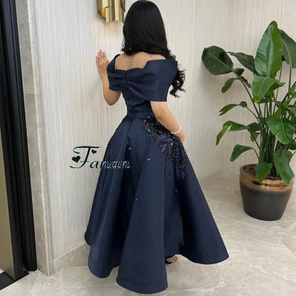 Customized Navy Blue A-line Flower Appliques Satin Evening Dress Draped Off the Shoulder Sleeveless Ankle Length Party Prom Gown