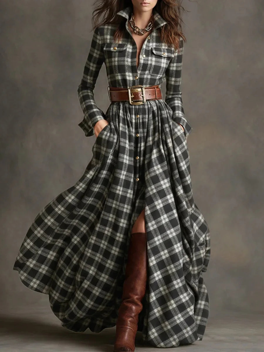 Autumn Vintage Long Sleven Dress for Women Plaid Print Shirt Maxi Dress Vacation Female Elegant Belt Loose Pocket A-line Dresses