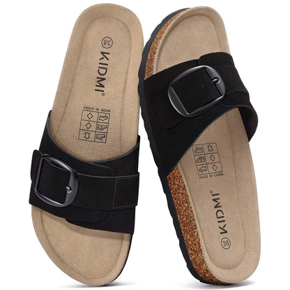 Comwarm Cork Footbed Sandals for Women Genuine Suede Slides Anti-slip Slides Comfortable Fashion Slippers with Adjustable Buckle
