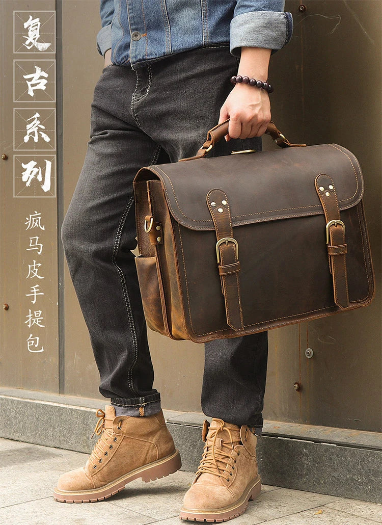 Vintage Crazy Horse Genuine Leather Men Briefcase Large Business Bag Tote Office Bag 15.6“Laptop Case Attache Male Shoulder Bag
