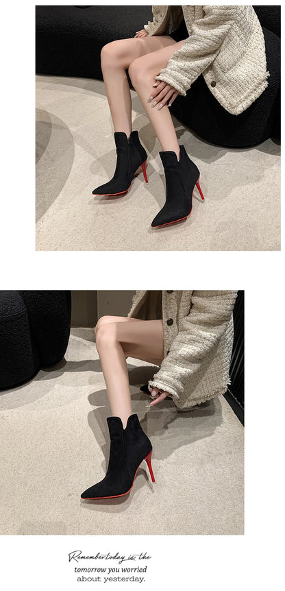 Aphixta 10cm Stilettos Winter Red Heels Zip Warm Black Ankle Boots Women Flock Footwear Shoes Women Super Big Size 47 48 49 50