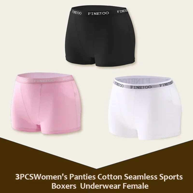 3Pcs Women's Cotton Boxers Panties Seamless Sports Underwear Female Solid Color Briefs Lingerie Intimate Underpant Finetoo S-XXL