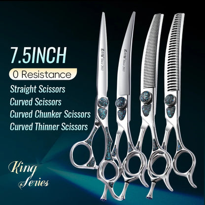 Fenice King Series 7/7.5Inch VG10 Shell Bearing Screws Dog Trimming Grooming Straight Curved Thinner Chunker Pet Scissors Tools
