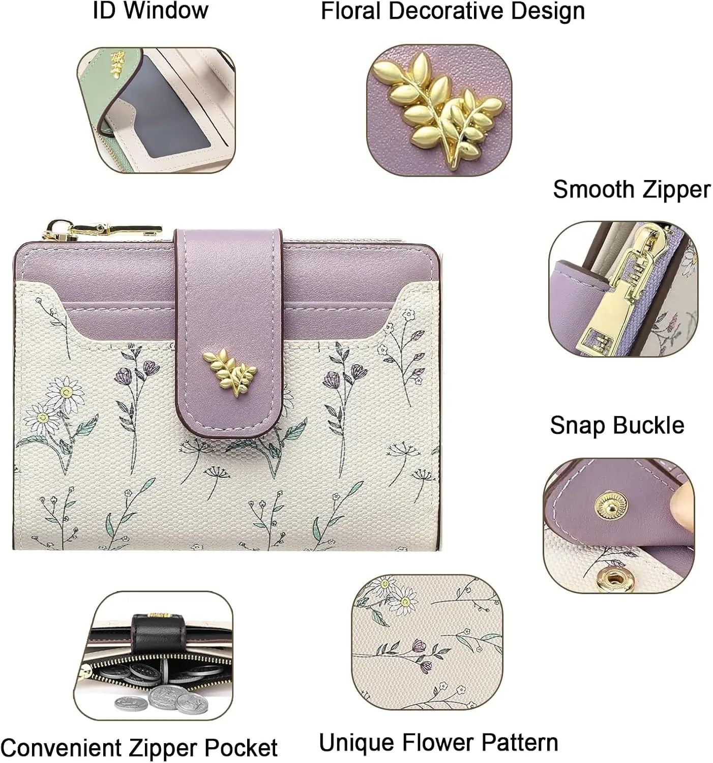 Small Wallets for Women Leather foldable Zipper Pocket Wallet Cute Flower Credit Card Holder Coin Purse with ID Window