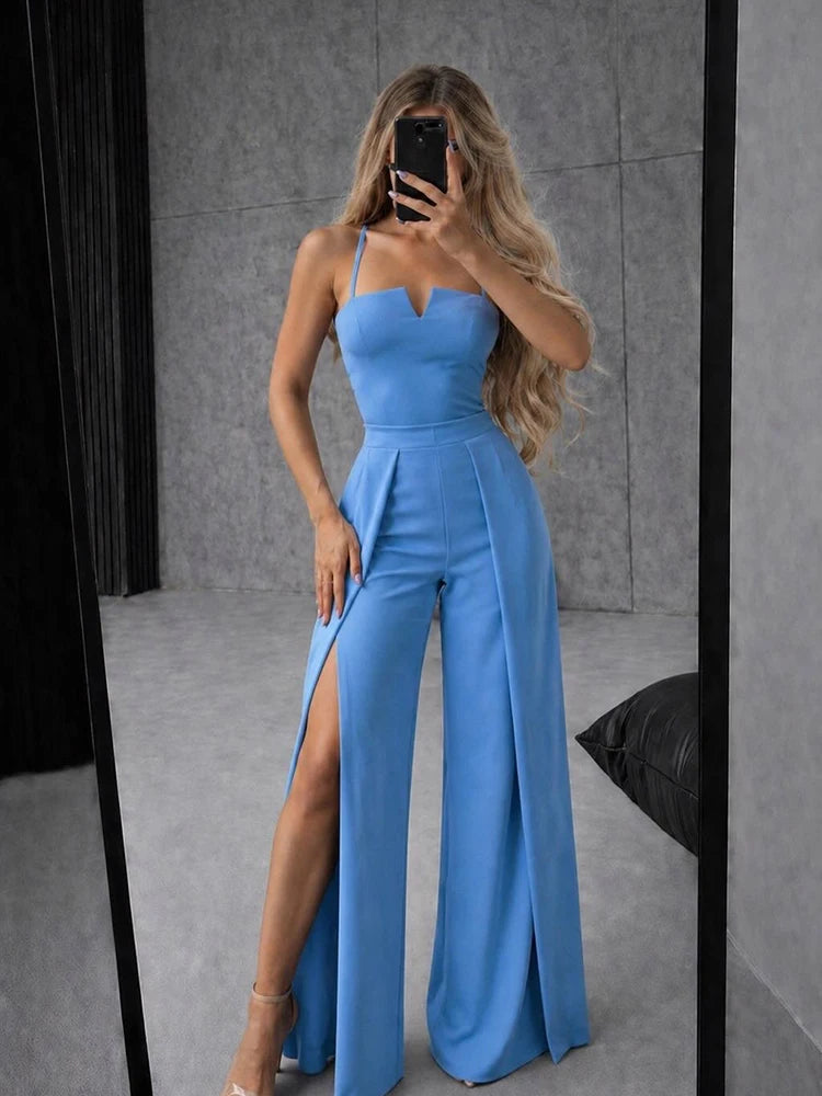 Commute Sling Jumpsuits Women Square Neck High Waist Split Solid Jumpsuit Female 2026 Summer New Fashion Soft Streetwears Lady