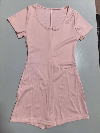 Womens Playsuits Yoga Low Neck Slim Fit Short Sleeve Jumpsuits Stretch One Piece Romper Sexy Fitness Female Sportwears Zipper