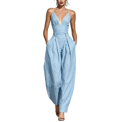 Elegant Sexy V-Neck Spaghetti Strap Jumpsuit Women High Waist Wide Leg Casual Romper Spring Boho Solid Backless Pockets Overalls
