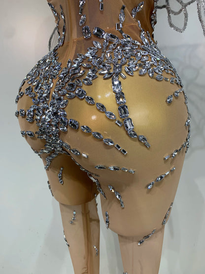Sparkly Silver Diamond Butterfly Strapless Sheer See Through Jumpsuit Eveing Party Birthday Bar Nightclub Sexy Stage Costumes