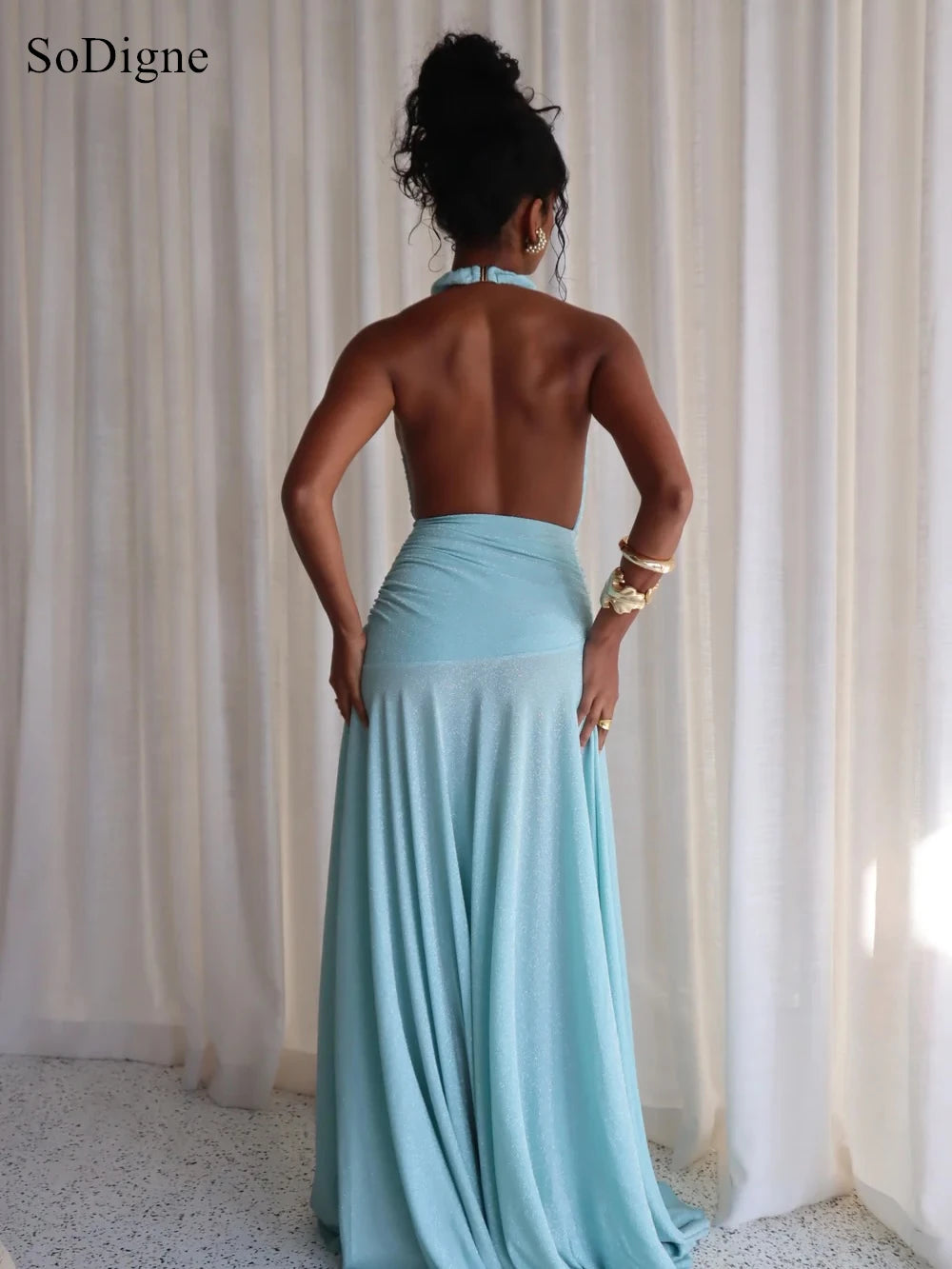 SoDigne Sexy Evening Dresses Pleated Low Cut-out Halter Backless Party Dress Sleeveless A-Line Prom Gowns Summer 2026 Customized