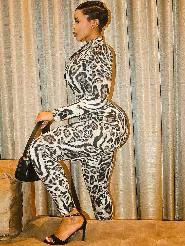 Kliou Leopard Print Jumpsuit Woman Autumn Trend Turtleneck Full Sleeve Skinny Peach Hip Hot Girls Midnight Sexy Fashion Overalls