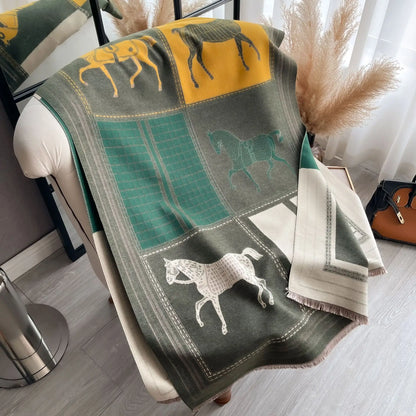 Autumn Winter Scarf Women Pashmina Shawls Horse Print Wraps Cashmere Blanket Warm Thick Chunky Stoles for Lady Outdoor Bufanda
