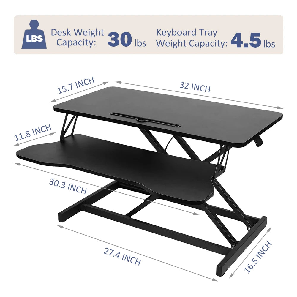 32" Modern Height Adjustable Desk Converter, Sit Stand Dual Monitor & Laptop Workstation with Wide Keyboard Tray, Eco-Friendly