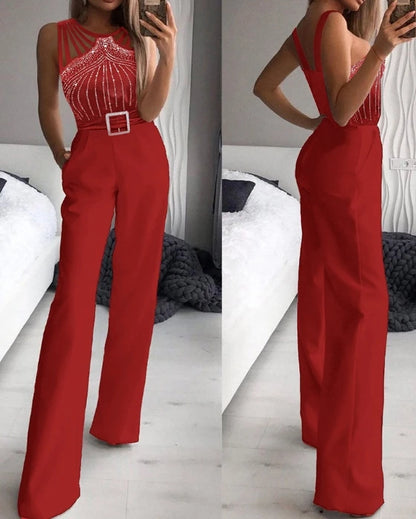 Elegant Women's Jumpsuit 2022 Autumn Fashion Contrast Mesh Long Sleeve Plain V-Neck Party Long Jumpsuit