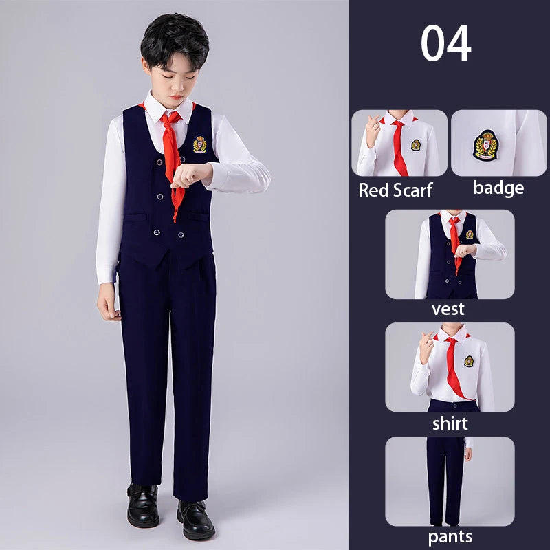 Girls Preppy Style Pleated Jumper Dress Headdress + Bow Tie Pants Suit Children Choir Poetry Performance Fashion School Uniform