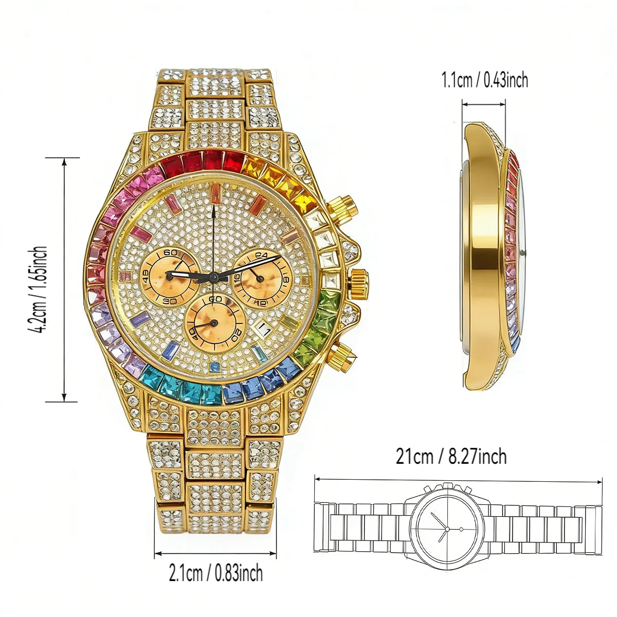 Hot Sell Fashion Gold Watch For Men Brand UNIGUET Hip Hop Rainbow Diamond Shiny Jewelry Quartz Wristwatch Male Dropshipping