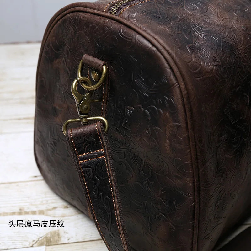 Vintage Embossed Tote High-Capacity Leather For A Short Trip Baotou Leather Belt Shoe Compartment Clothes Duffel Bag Gym Bag