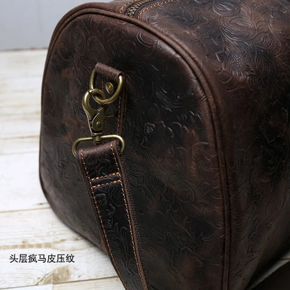 Vintage Embossed Tote High-Capacity Leather For A Short Trip Baotou Leather Belt Shoe Compartment Clothes Duffel Bag Gym Bag