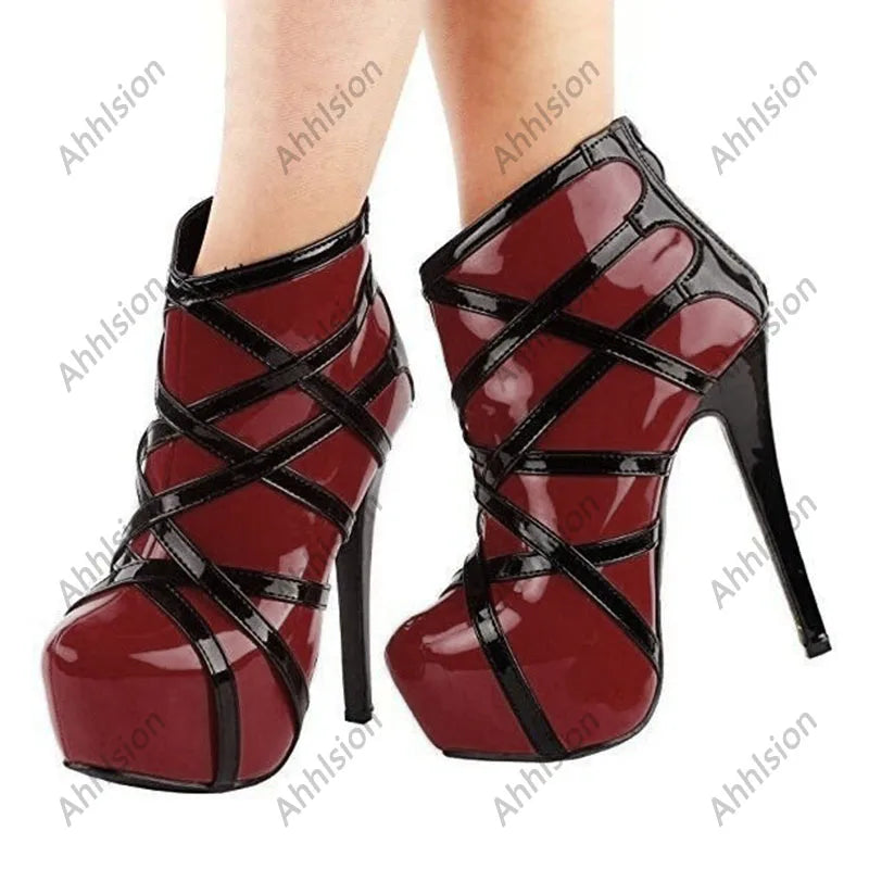 Ahhlsion Handmade Women Winter Ankle Boots Hidden Platform Stiletto Heels Round Toe Pretty Red Party Shoes US Plus Size 5-20