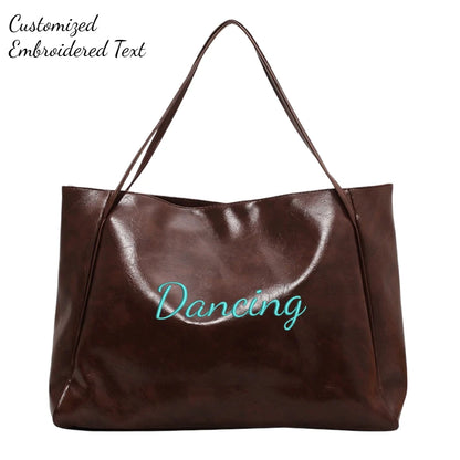 Personalized Name Embroidery Women's Large Tote Bag Brown Faux Leather Shoulder Handbag Vintage Soft Casual Bag for Work Travel