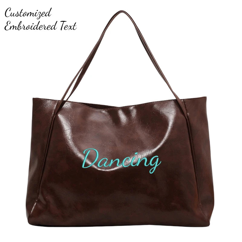 Personalized Name Embroidery Women's Large Tote Bag Brown Faux Leather Shoulder Handbag Vintage Soft Casual Bag for Work Travel