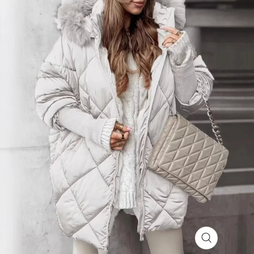 Hooded Cotton Winter Coat Women Street Fur Collar Overcoat Casual Thickened Zipper Warm Jacket Female Parka Tops Outerwear