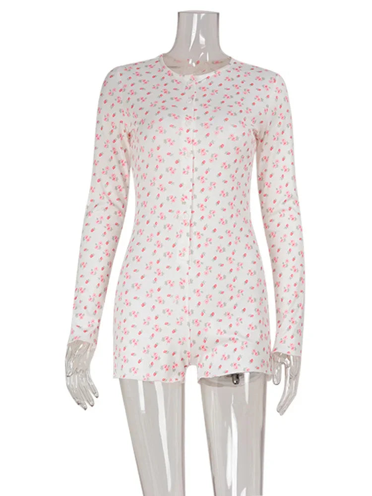 Floral Print Rompers O Neck Long Sleeve Single Breasted Skinny Sweet Casual Homewear for Women