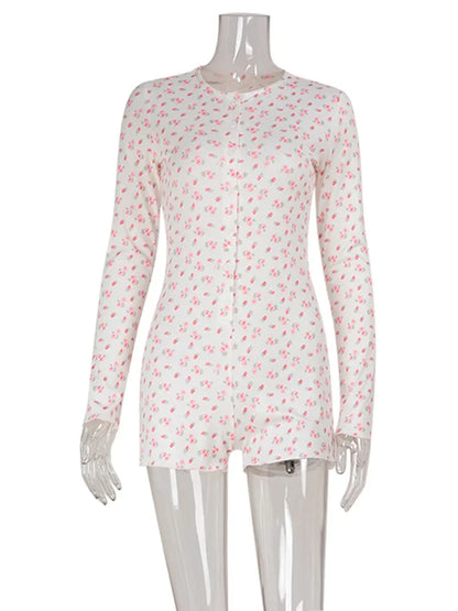 Floral Print Rompers O Neck Long Sleeve Single Breasted Skinny Sweet Casual Homewear for Women