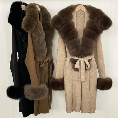 OFTBUY Fashion Warm Belt Real Fox Fur Cardigan New Natural Fur Collar Long Knit Jacket Women Atrumn Winter Top Clothing Female