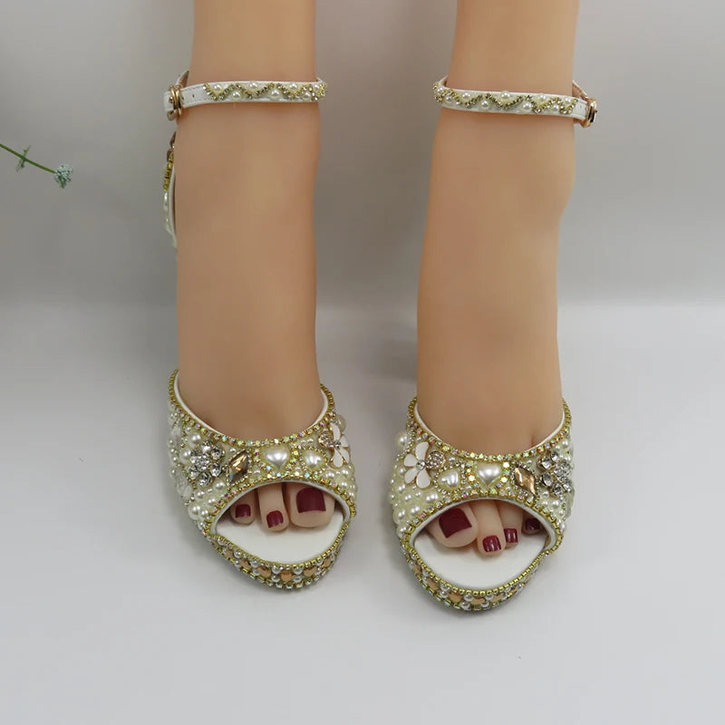 Luxury cyrstal wedding shoes with matching bags woman fashion Thick heel Women party dress shoes Fish beak Women shoes