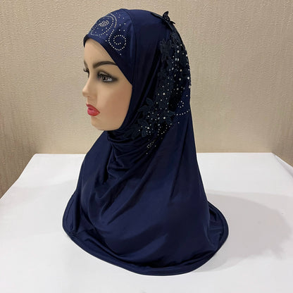 H027 beautiful big gilrs muslim hijab with lace and stones islamic scarf shawl headscarf hat armia pull on wrap ramadan gift
