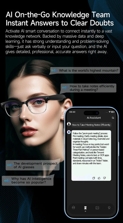 AI Smart Glasses Camera 2026 Bluetooth Headphones Translator Sunglasses Touch Control Photochromic Anti Blue Light Eyeglasses
