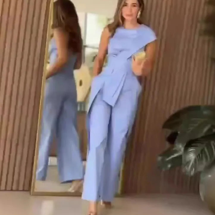 Jumpsuits O Neck Sleeveless Spliced Women Rompers Straight Ankle Length Loose High Waist Jumpsuit Solid Work Blue Pockets