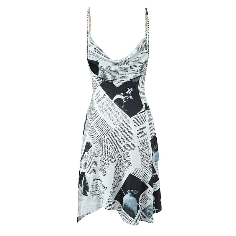 2025 Women Newspaper Letter Print Irregular Hem Sexy Dresses Thin Straps With Chain Backless  Summer Short Dress