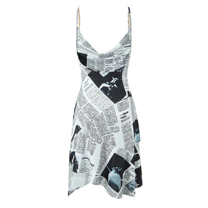 2025 Women Newspaper Letter Print Irregular Hem Sexy Dresses Thin Straps With Chain Backless  Summer Short Dress