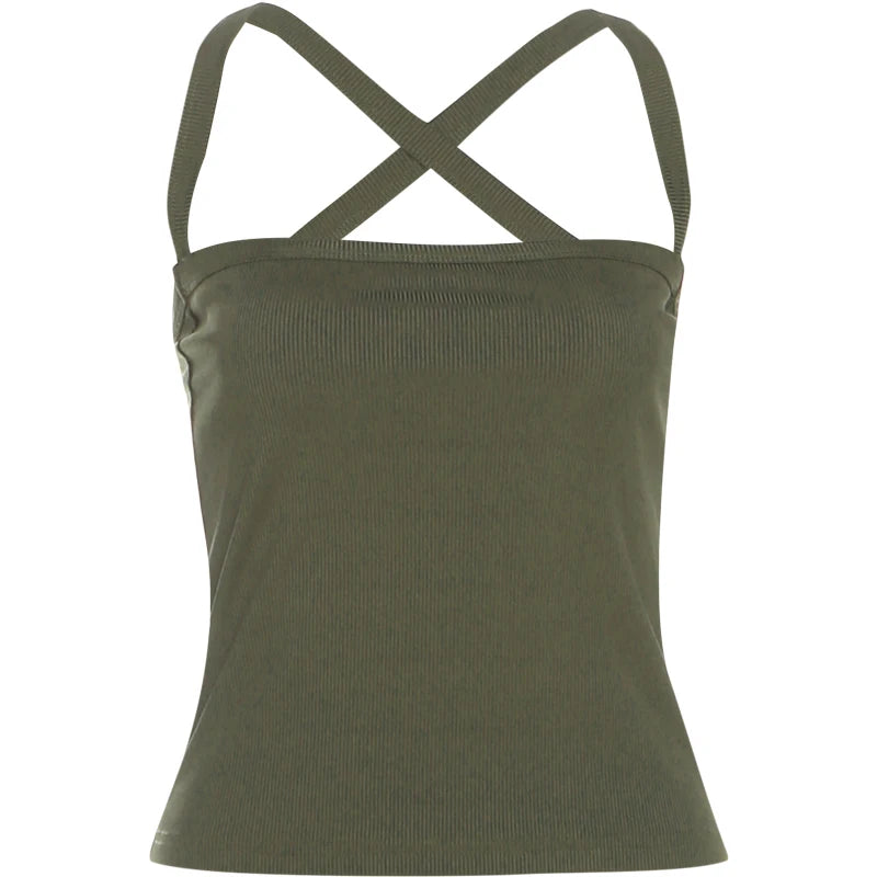 Sisterlinda Low-Neck Vest Women Cross Shoulder Strap Solid Skinny Stretch Sexy Midnight Hottie Beach Party Sporty Basis Tops