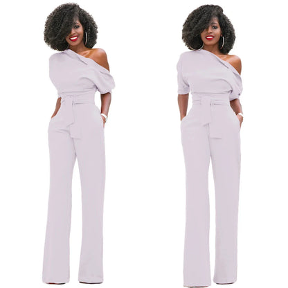 High Quality 2025 Spring Women's Casual Jumpsuits One Shoulder Slash Neck Button Romper Full Length Jumpsuit Wide Legs Jumpsuit