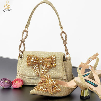 QSGFC Italian Design Red Elegant Women's Heels Fashion Crystal Bow Pointed Toe Sandals Nigeria Shoes Bag Set For Women