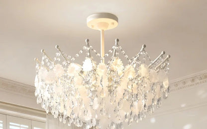 French Luxury LED Pendant Lights Blue White Natural Shell Crystal Chandelier Lamps for Romantic Living Dining Bedroom Home Decor