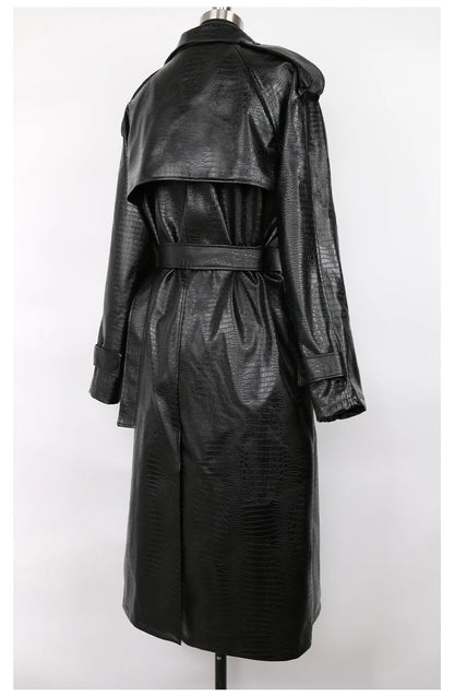 Nerazzurri Spring Autumn Long Oversized Colorful Snakeskin Print Patent Leather Trench Coat for Women Belt Runway Fashion 2022