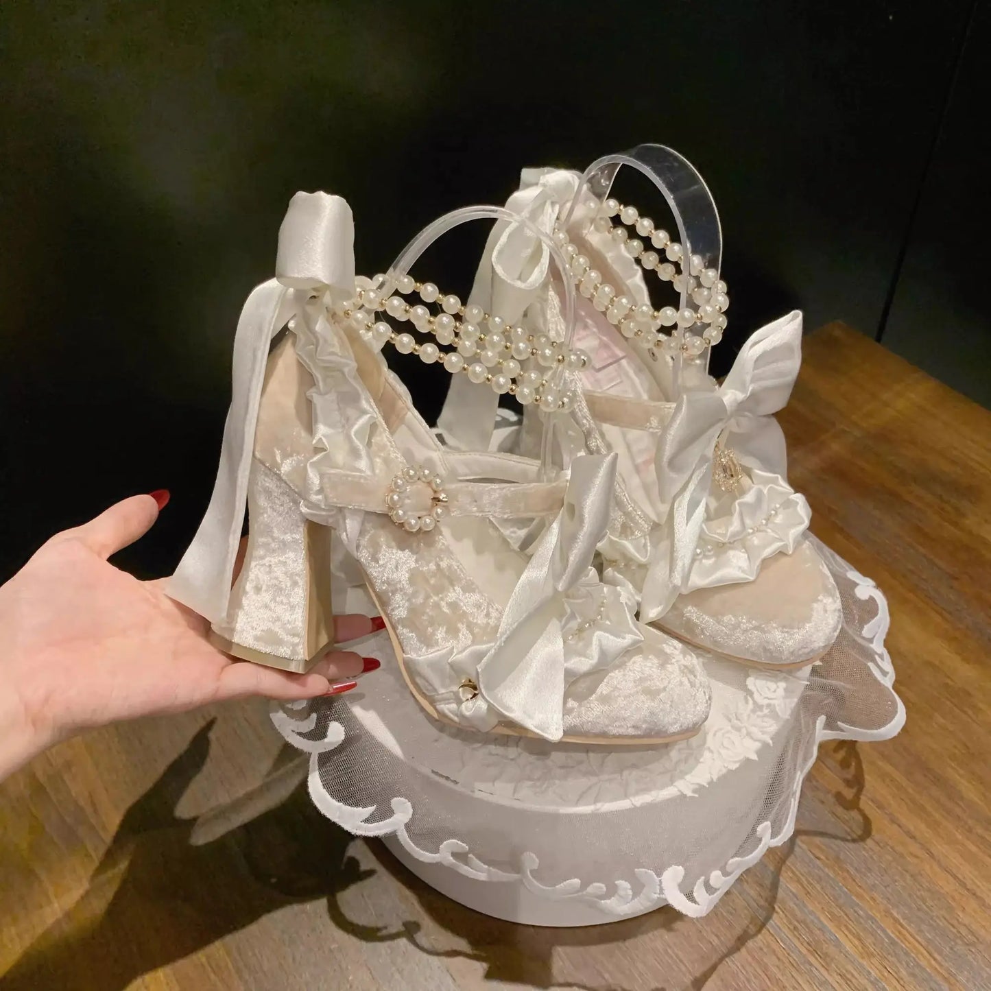 Sweet Lolita Women High Heels Luxury Designer Court Style Velour Bowknot Princess Dress Shoes Elegant
