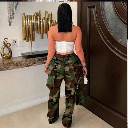 Women High Waist Camouflage Pants Hole Straight Pants Long Jeans Casual Trendy Trousers 2025 Autumn Winter New Denim Trousers