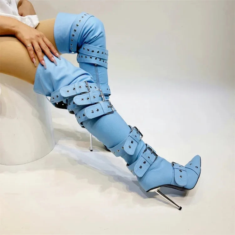 New Women Denim Metal Rivet Buckle Sandals Women Sexy Punk Style Pointed Hollow Metal 11cm High Heel Knee High Boots Size34-43