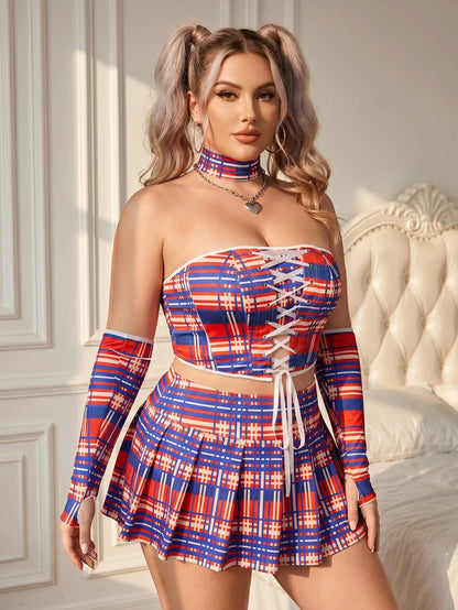 Plus Size Red Tartan Sleepwear Set Cheerleader Cosplay Costume - Plaid Corset Top & Pleated Skirt with Long Sleeves and Choker